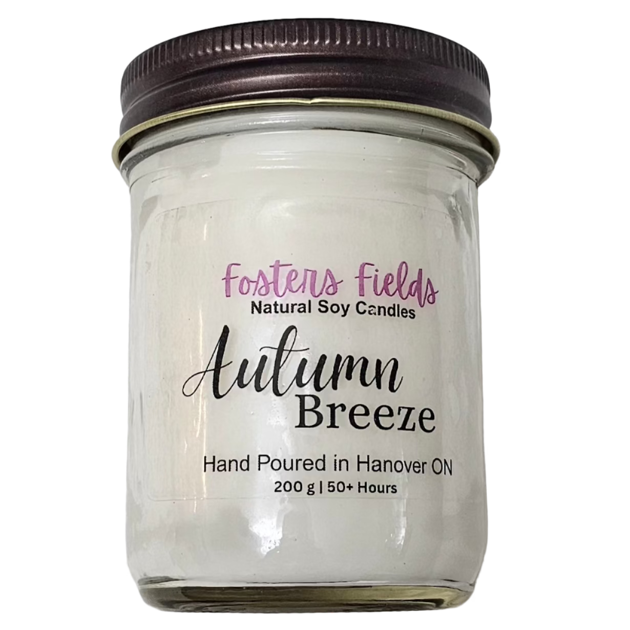 white soy wax poured into a jam jar with a copper lid, scented in Autumn breeze, clear simple label