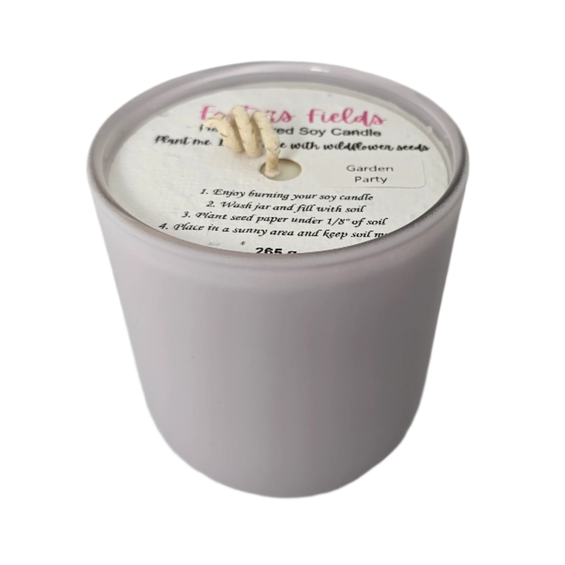 Delicate soy candle in pale purple jar, scented with gentle florals and a hint of sparkle