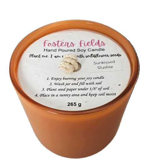 Artisan soy candle with citrus scent, hand-poured into an orange glass jar