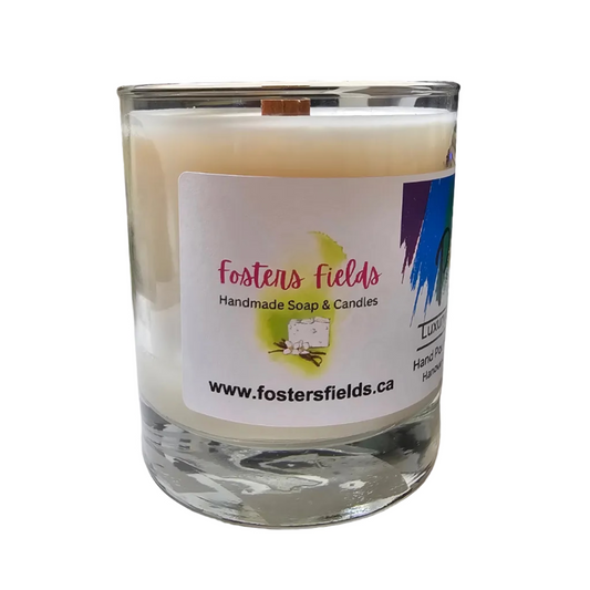 Fosters Fields Pride candle, white wax and clean white rainbow label
