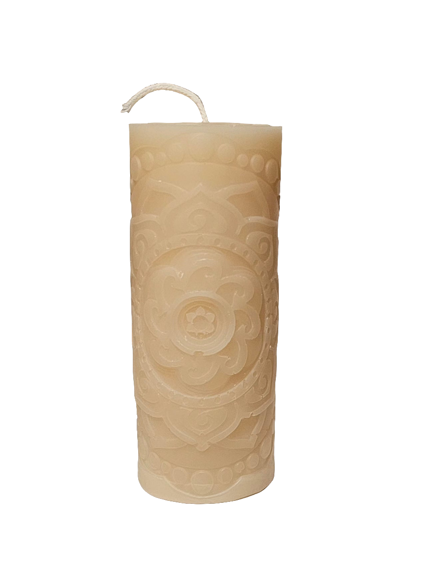 natural soy candle pillar, elegant mandala design, Canadian made soy candle, unscented, natural color, Mandala Pillar-5" tall by 2" wide, 185g, unscented