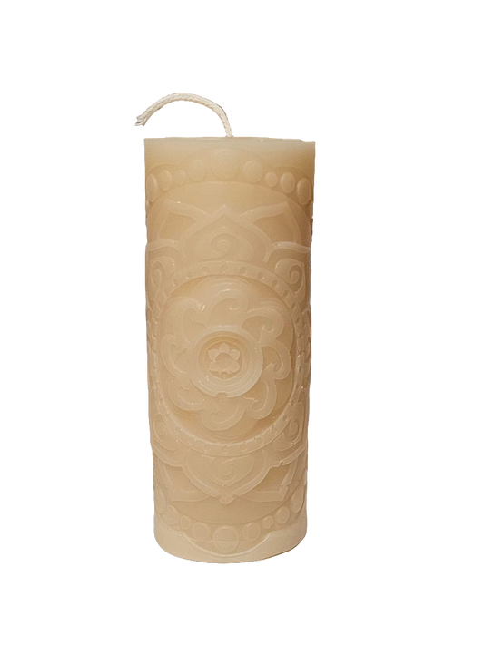 natural soy candle pillar, elegant mandala design, Canadian made soy candle, unscented, natural color, Mandala Pillar-5" tall by 2" wide, 185g, unscented