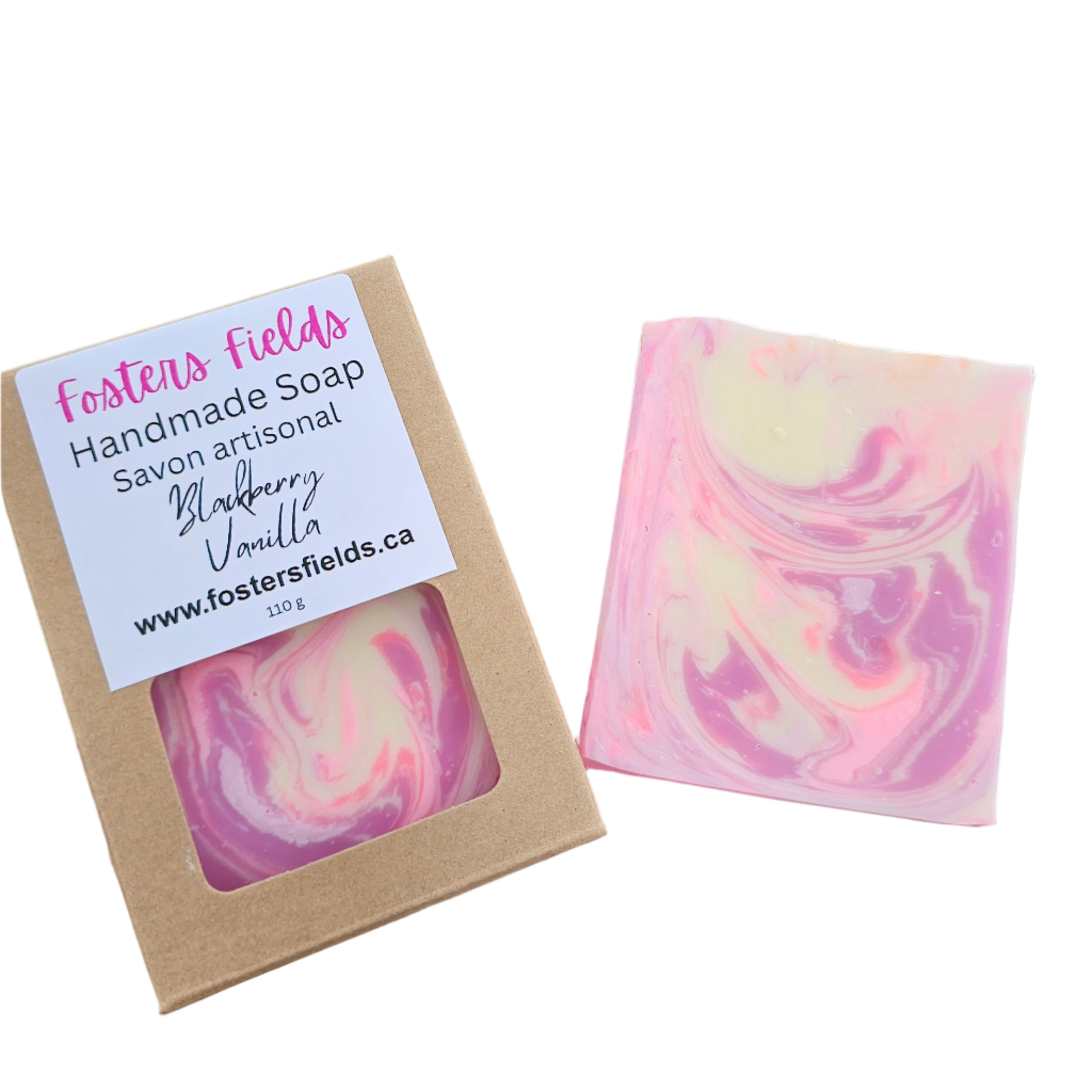 handmade soap swirled with pinks and white, blackberry vanilla scented