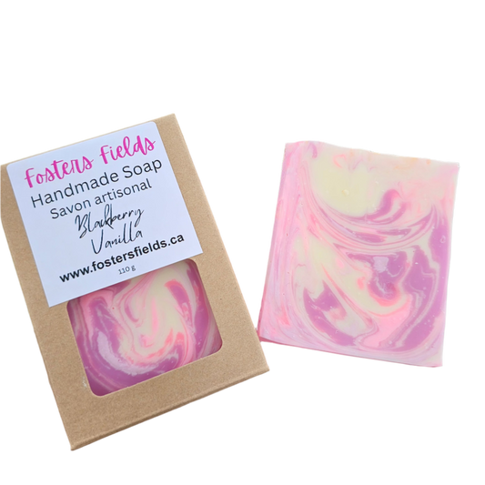 handmade soap swirled with pinks and white, blackberry vanilla scented