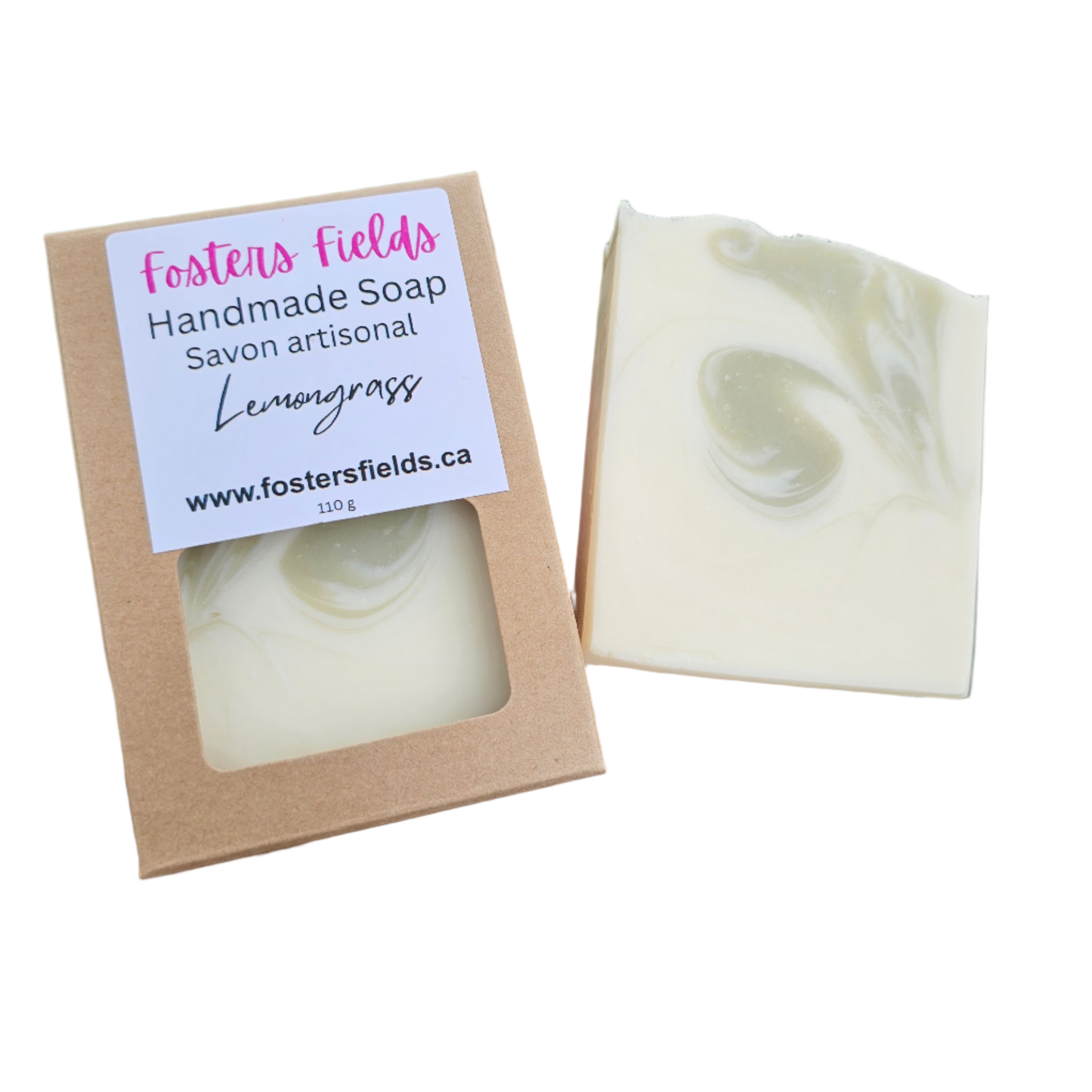 handmade soap colored in white and green, scented with essential oil of lemongrass