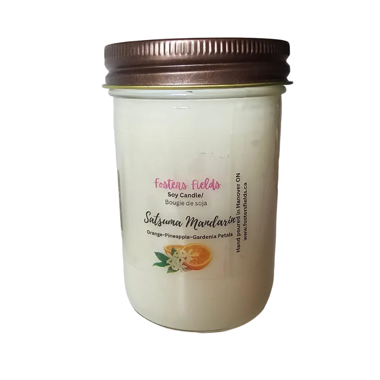 White soy candle with clear label, picture of an orange. Satsuma Mandarin