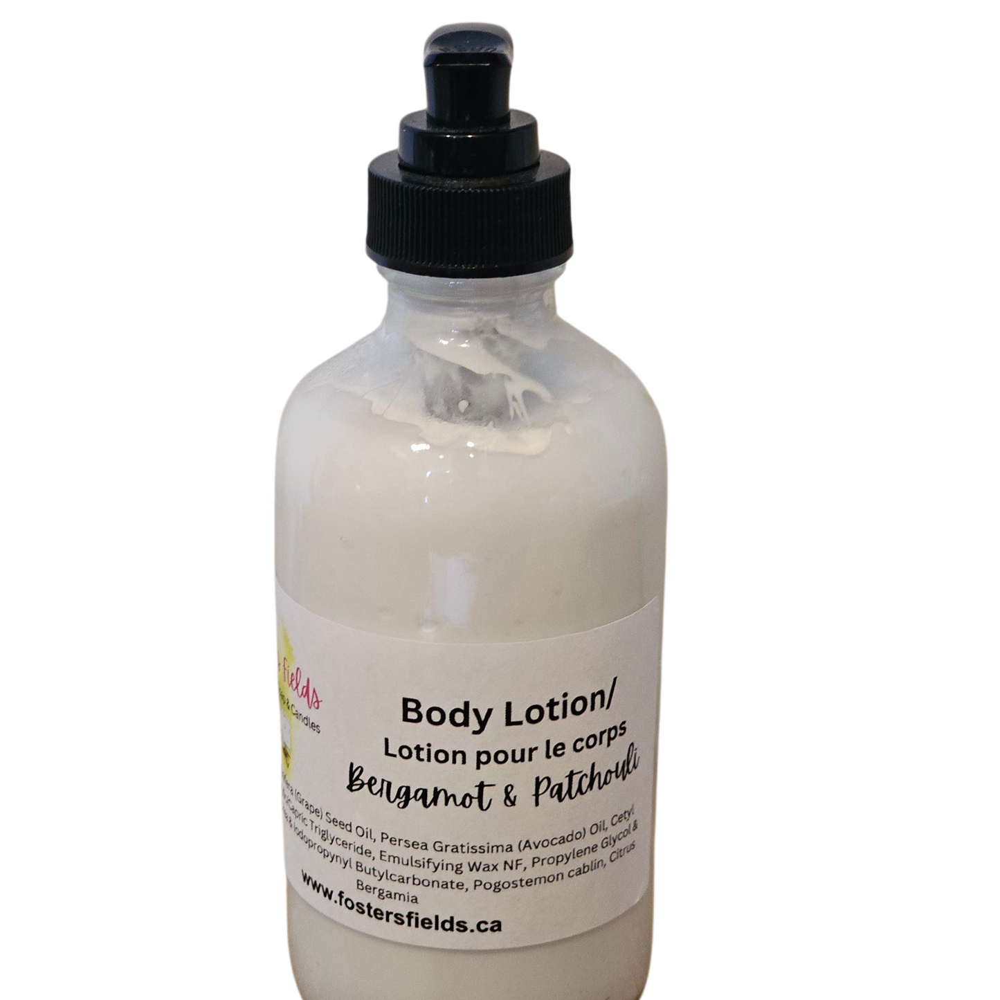 Body lotion bottle with label on a white background, Bergamot Patchouli