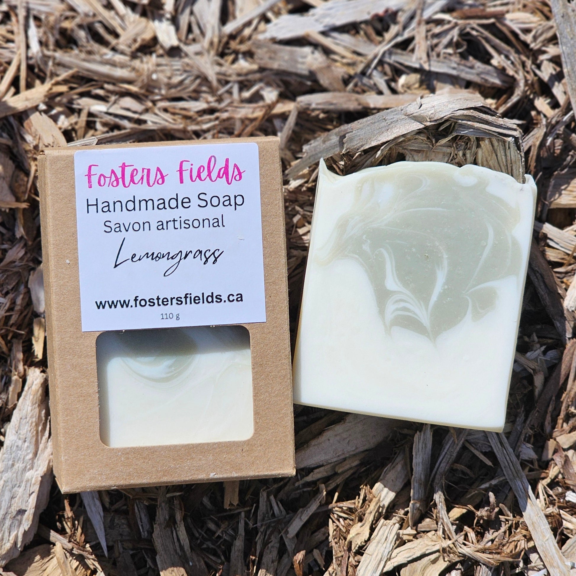Handmade bar soap-, packaged in a kraft box, sage green swirl into white soap. Lemongrass