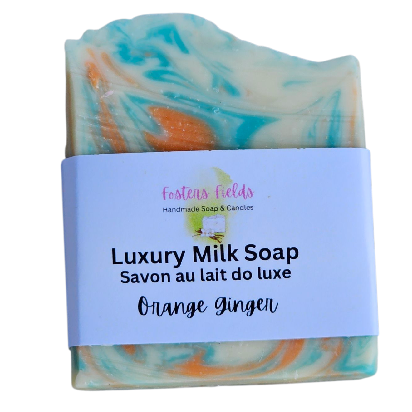 Luxury milk soap with orange and green swirls on a white background
