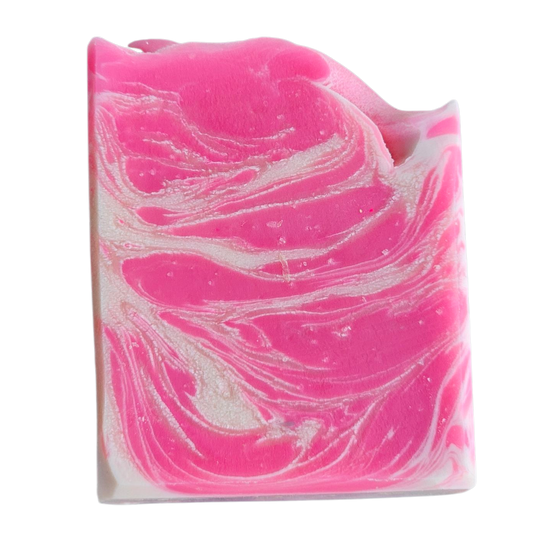 Pink and white marbled soap bar on a white background