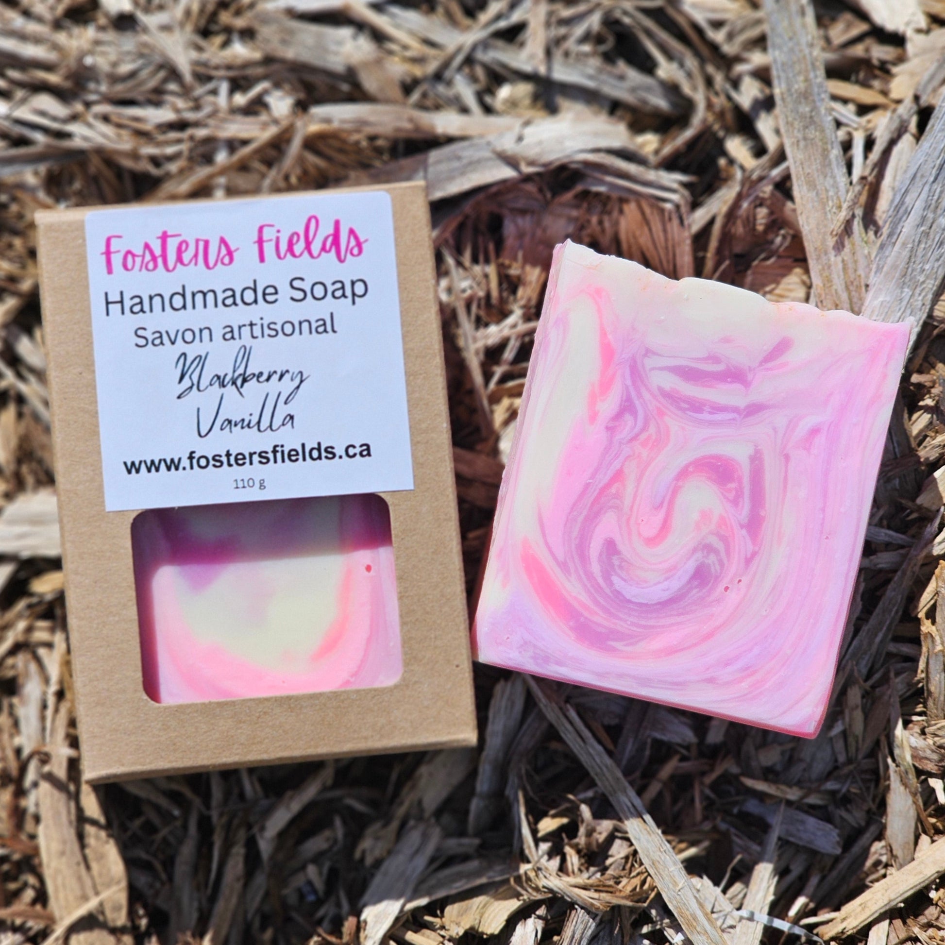 Handmade bar soap, pink, purple and white. Packaged in a kraft box, Blackberry Vanilla