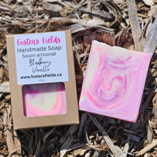Handmade bar soap, pink, purple and white. Packaged in a kraft box, Blackberry Vanilla