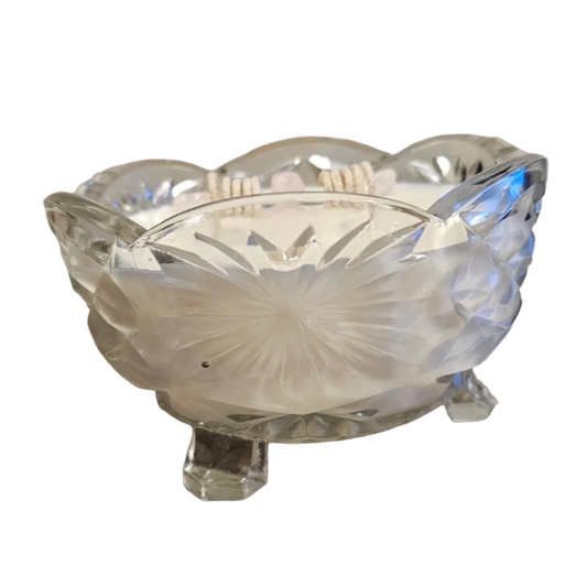 Crystal bowl with feet, hand poured soy wax candle with rose quartz stones on top. 2 wicks curled on top