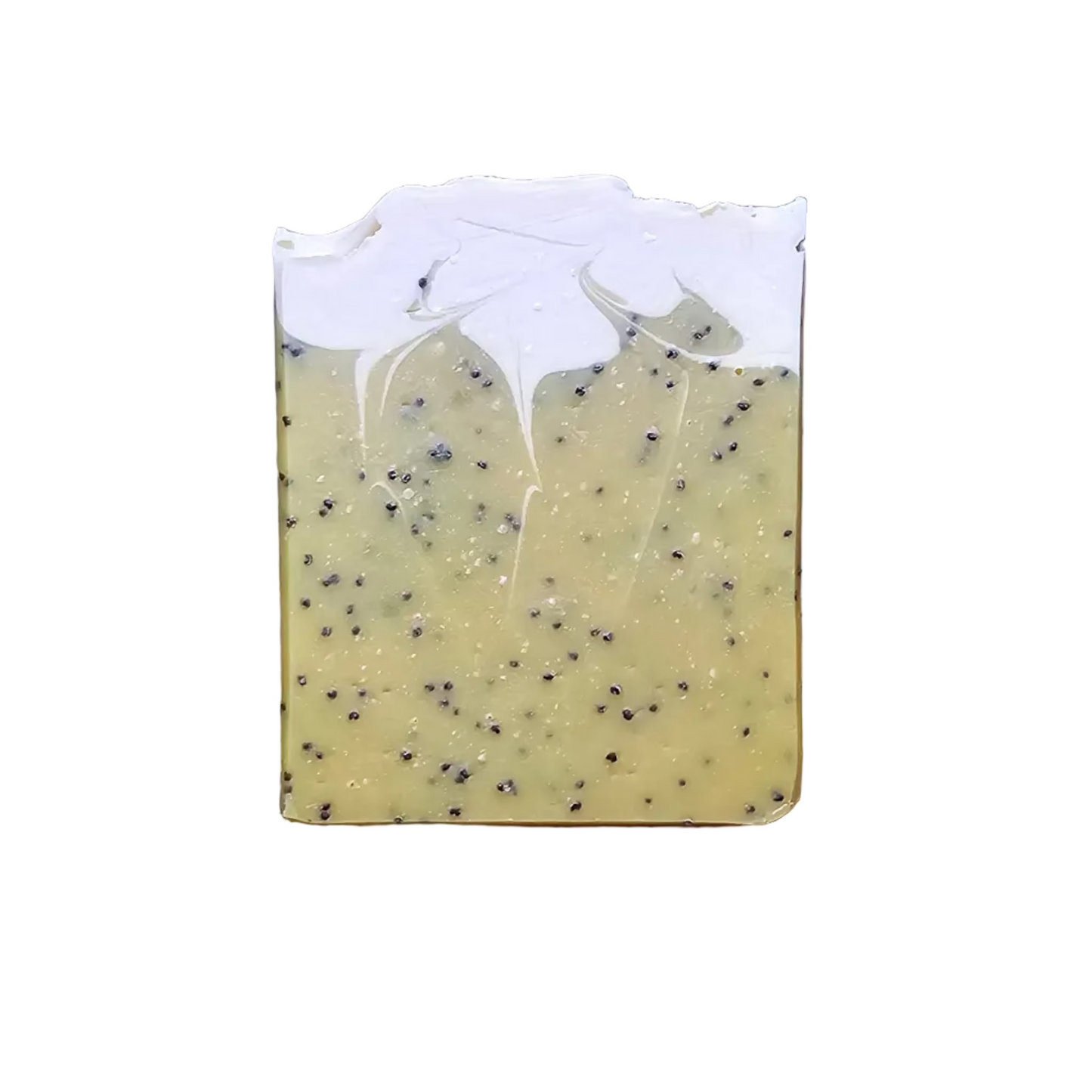 Lemon Poppyseed Soap, it is yellow withseeds in it and a white top