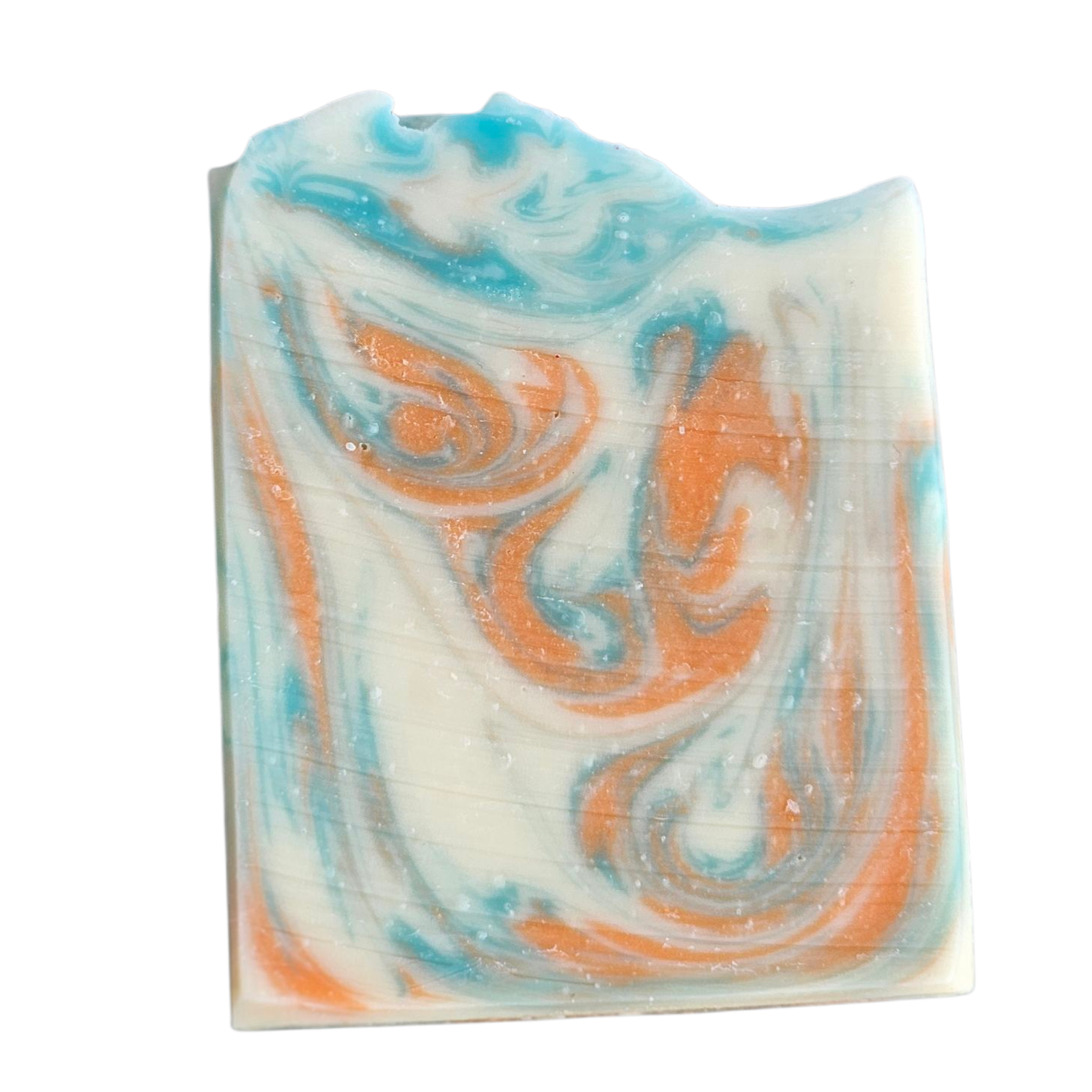 Swirled soap bar with green and orange patterns on a white , background, Orange Ginger Handmade Soap Bar