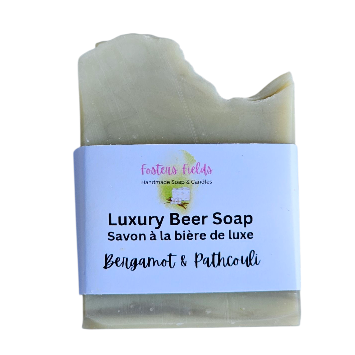 Luxury Beer Soap with a label on a white background, Bergamot Patchouli handmade soap bar
