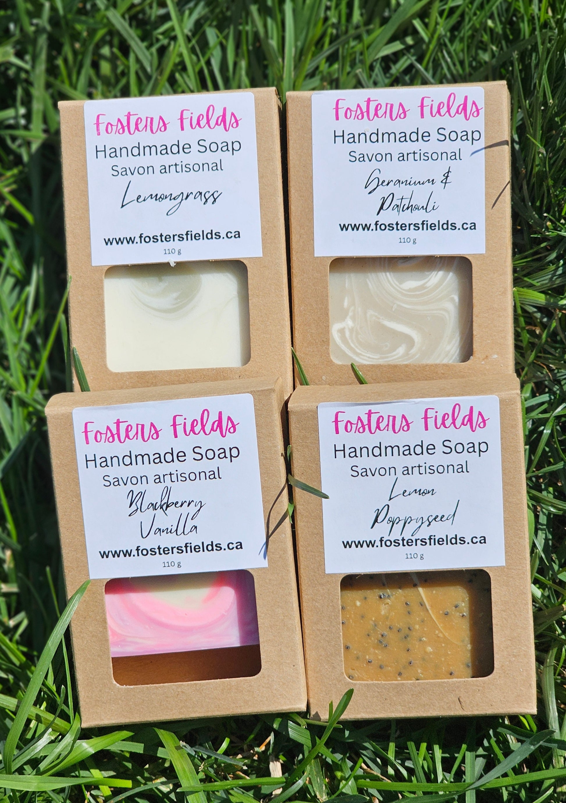 Fosters Fields Summer Soap Collection, 4 bars of handmade soap, purchase individually, kraft boxes, ontario made