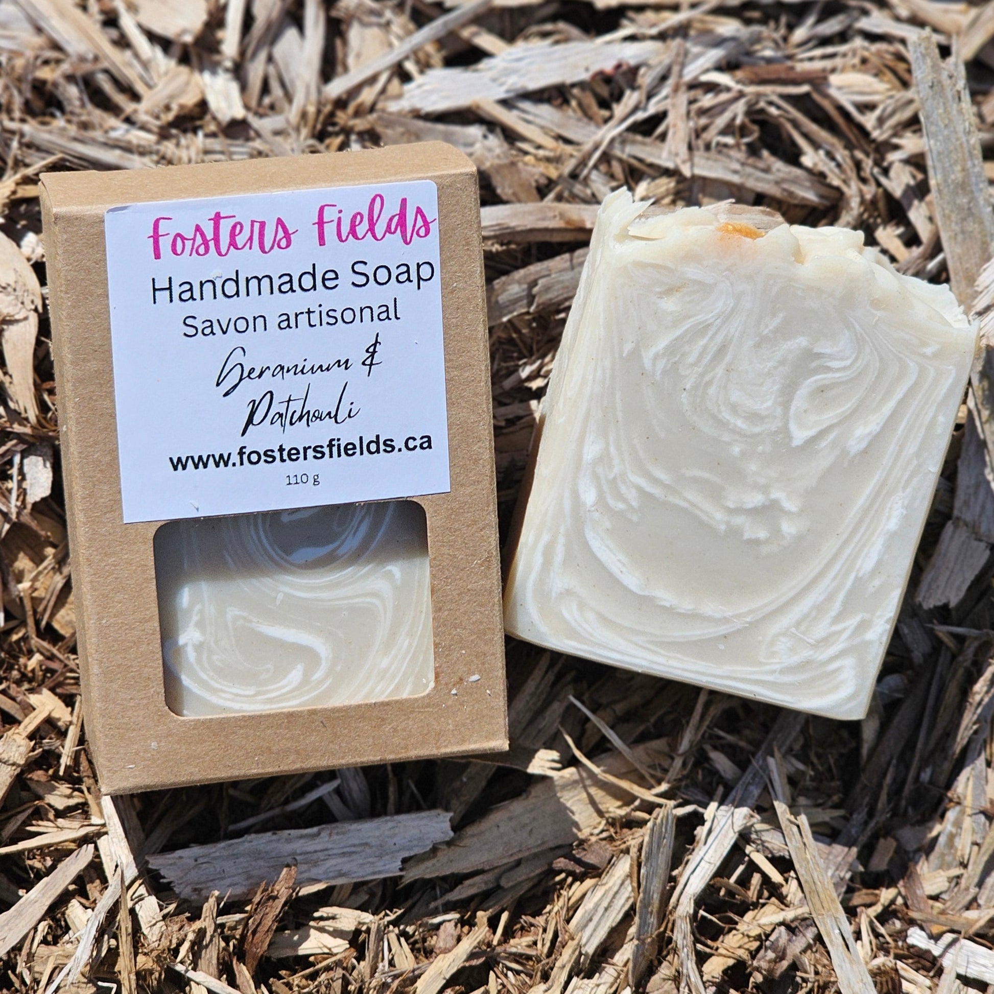 Handmade bar soap, neutral colors, packaged in a kraft box, Geranium and Patchouli