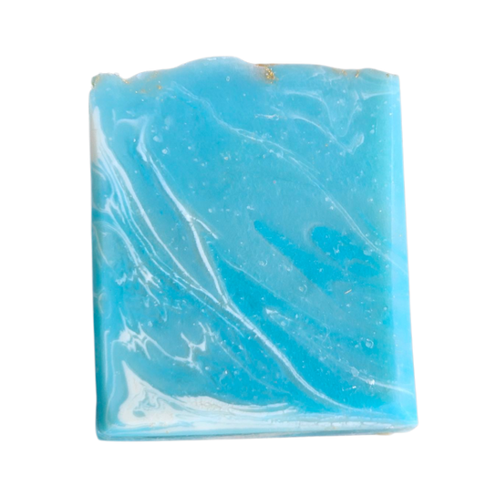 Blue marbled soap bar on a white background