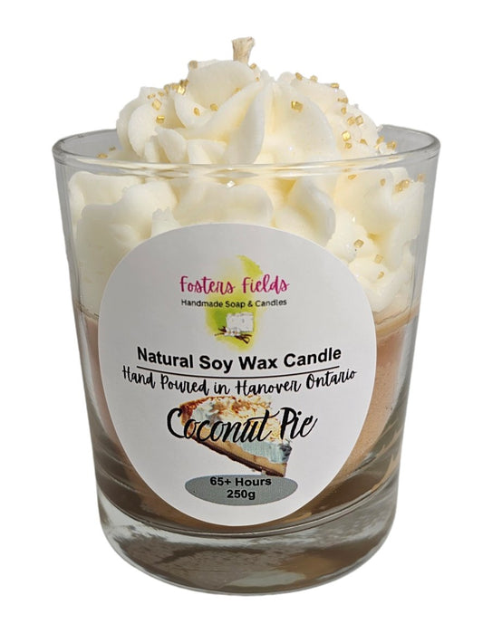 hand poured soy wax candle 250 g jar, coconut Pie, Brown bottom with whipped white frosting and sprinkles