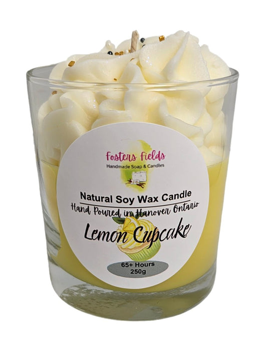 hand poured soy candle jar 250 g lemon cupcake, yellow bottom with whipped white topping