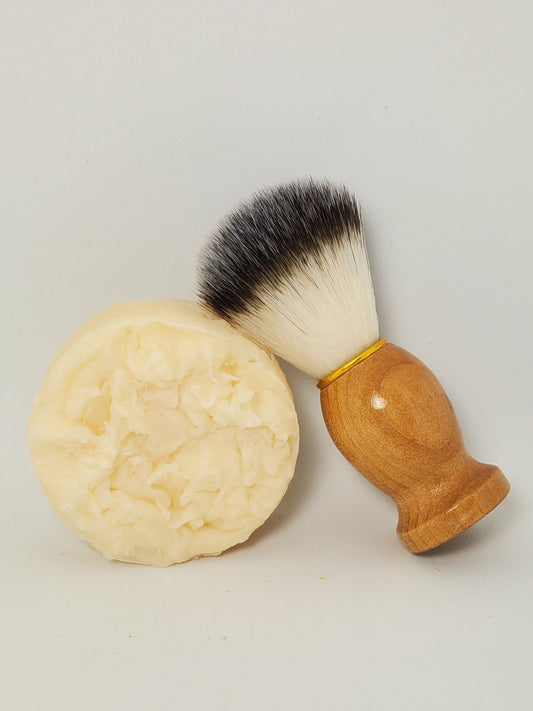 handmade shave soap, white disk essential oil scent of rosewood and mint