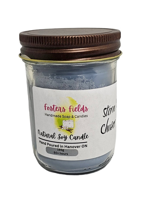 185g hand poured soy wax candle jar storm chases blue