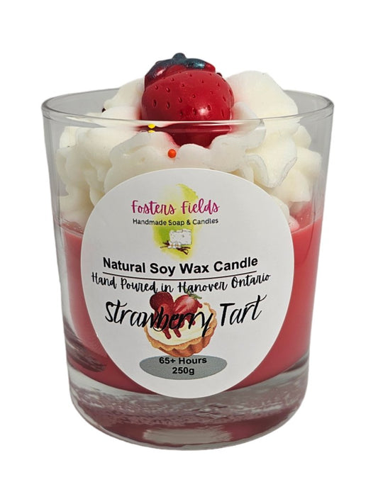 hand poured soy candle strawberry tart, red bottom with shipped white frosting tops 250g