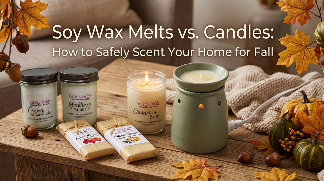 Cozy autumn home fragrance setup with soy candles and wax melts by Fosters Fields
