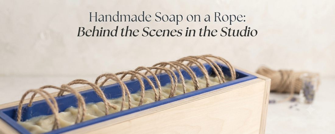 Handmade soap freshly poured into a mold, there are ropes coming out the top for a Soap on a Rope batch. A clean neutral backdrop elevate the image for this blog post