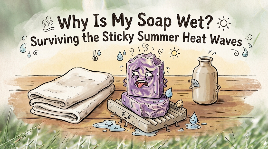 A handmade cold process soap bar with moisture droplets on the surface from summer humidity