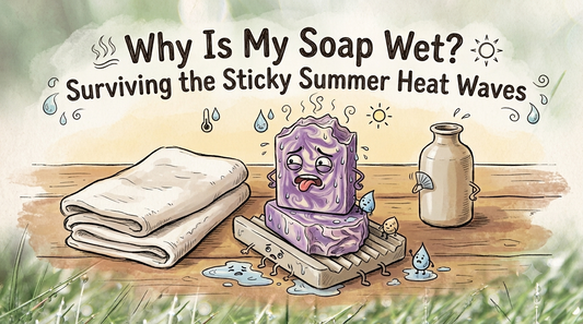 A handmade cold process soap bar with moisture droplets on the surface from summer humidity