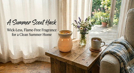 Fosters Fields soy wax melts in summer scents displayed on a countertop for flameless home fragrance