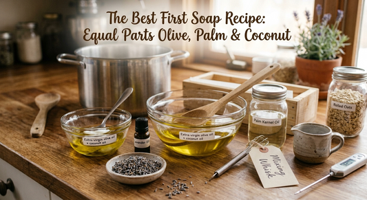 Ingredients and equipment for making cold process soap at home, including olive oil, coconut oil, and palm oil