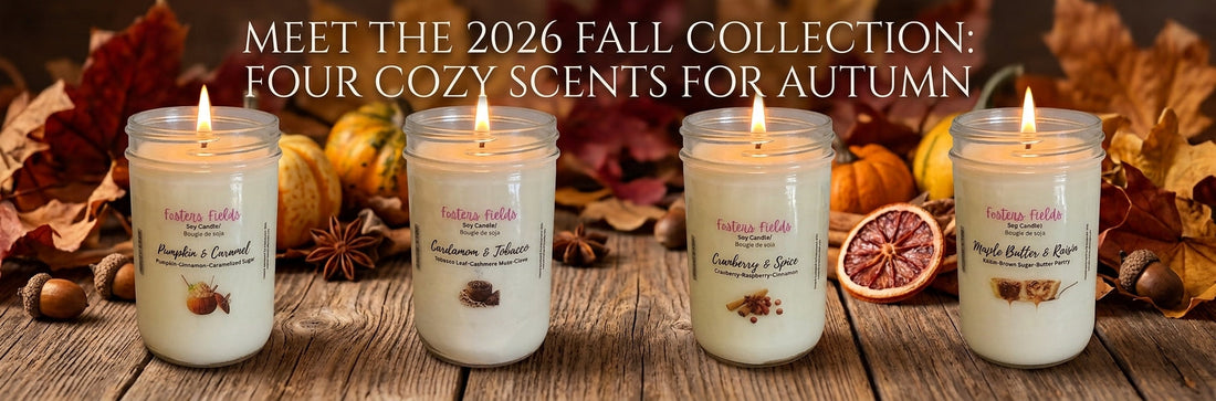 Fall inspired banner for a new blog titled Meet the 2026 Fall Collection: Four Cozy Scents for Autumn. There are the 4 new candles pictured, each white with a clear label. The candles are lit for fall ambiance