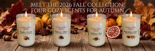 Fall inspired banner for a new blog titled Meet the 2026 Fall Collection: Four Cozy Scents for Autumn. There are the 4 new candles pictured, each white with a clear label. The candles are lit for fall ambiance