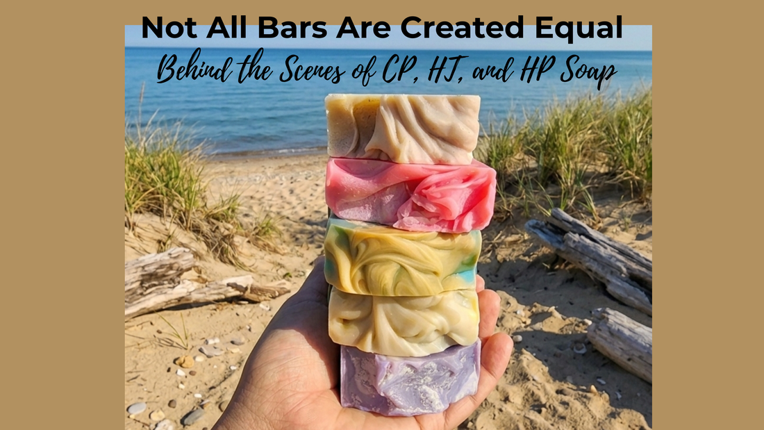 Three bars of handmade soap showcasing cold process, heat transfer, and hot process soapmaking methods by Fosters Fields