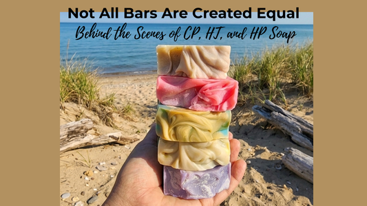 Three bars of handmade soap showcasing cold process, heat transfer, and hot process soapmaking methods by Fosters Fields