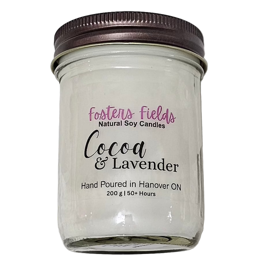 white soy wax poured into a jam jar with a copper lid, scented with a blend of cocoa and lavender, simple clear label