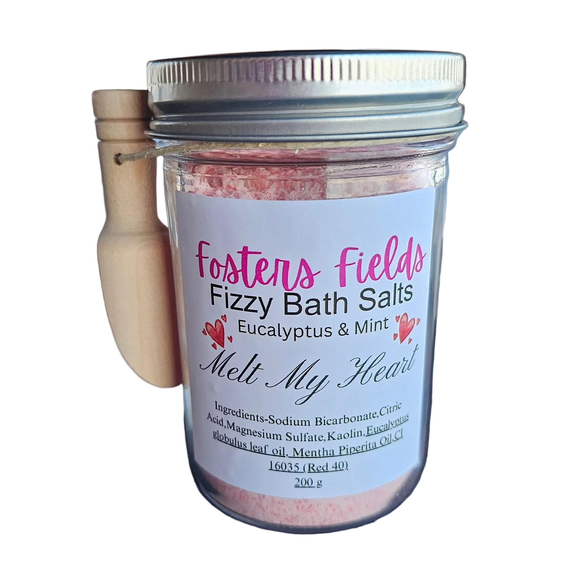 Fosters Fields Fizzy Bath Salts in a jar, pink with a scoop
