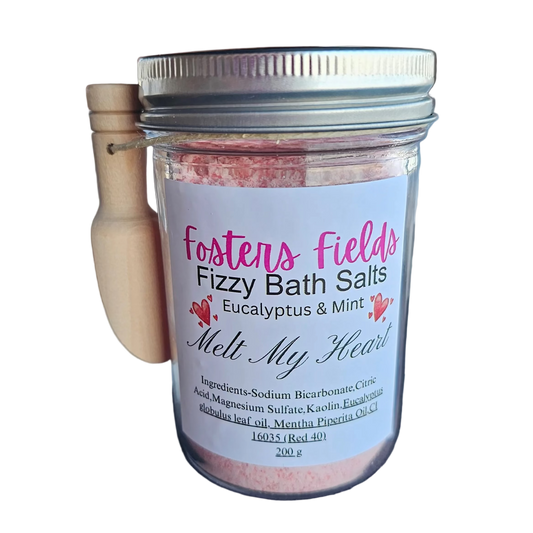 Fosters Fields Fizzy Bath Salts in a jar, pink with a scoop
