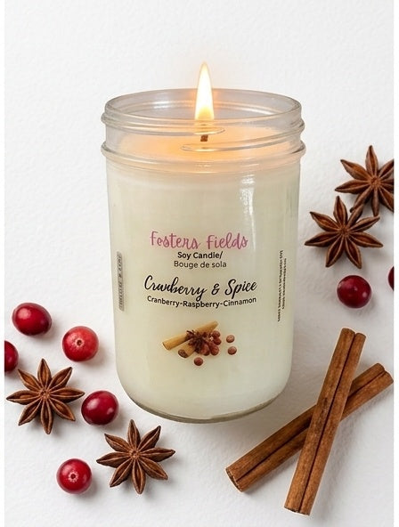 A lit Fostern Fields Cranberry & Spice soy candle in a clear glass jar, surrounded by cinnamon sticks, star anise, and red cranberries on a white background. Simple clear label