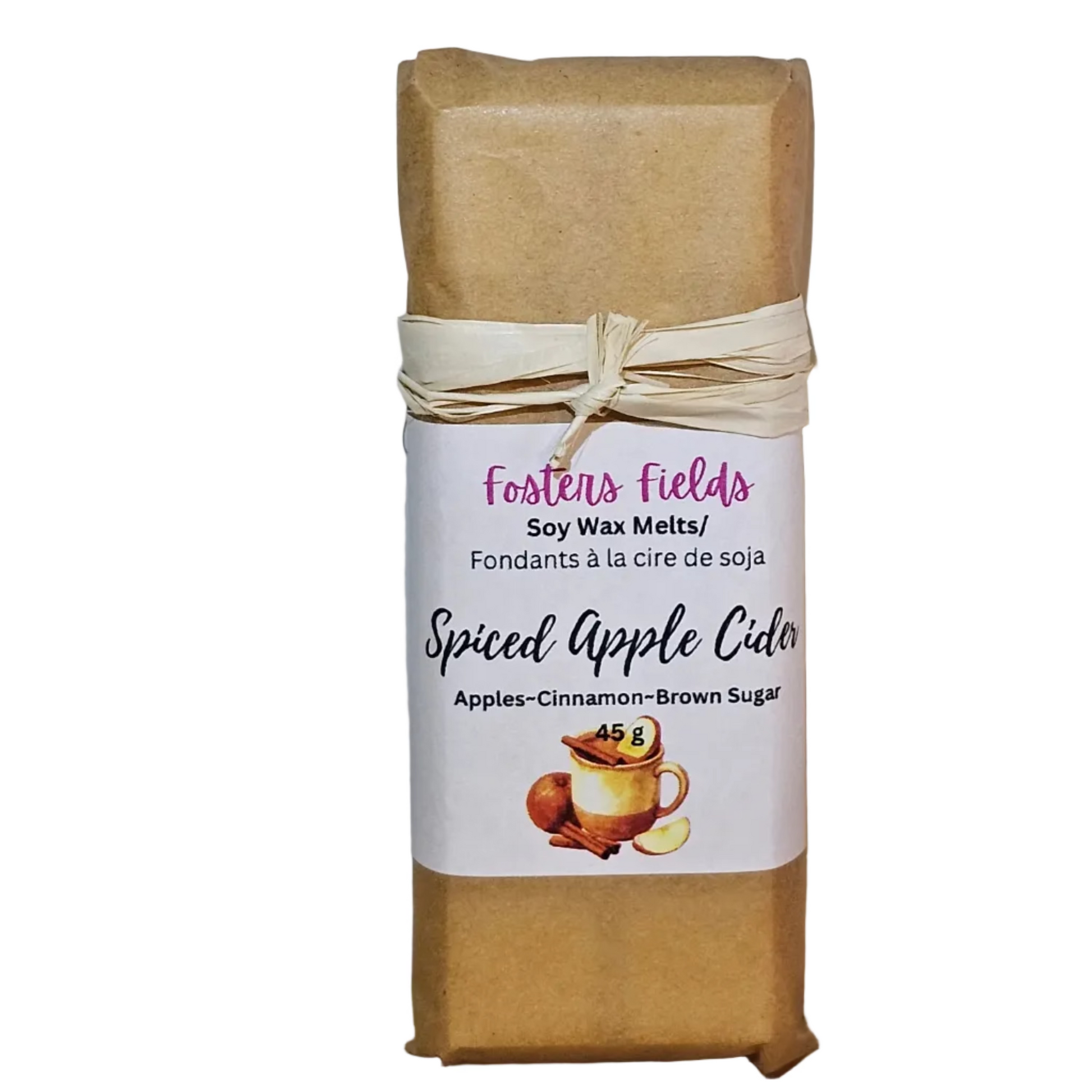 Snap bar style soy wax melt, spiced apple cider wax packaged in brown paper, white label and a tan ribbon