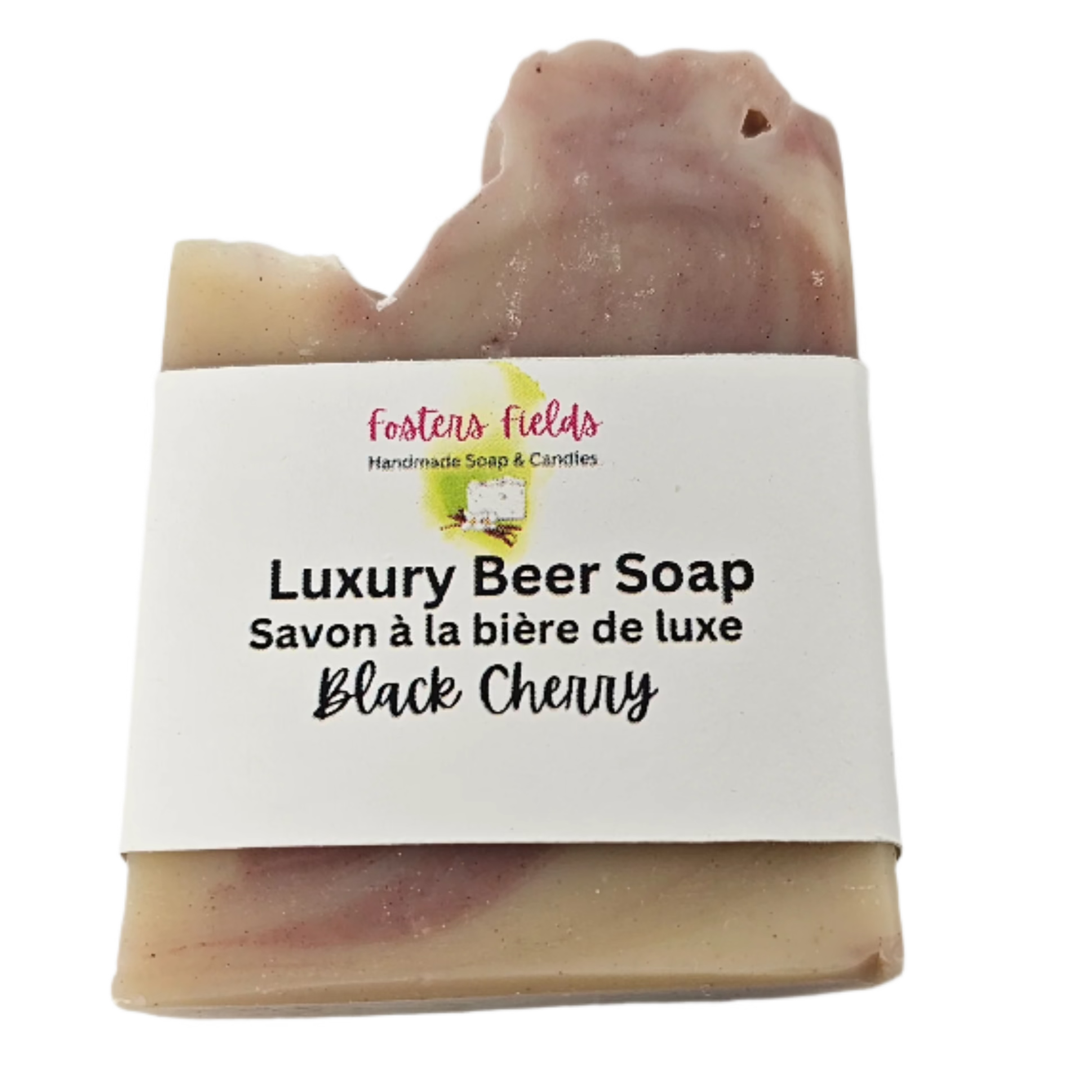 Fosters Fields handmade soap, scented in black cherry with deep red swirls. natural soap, handmade in Ontario