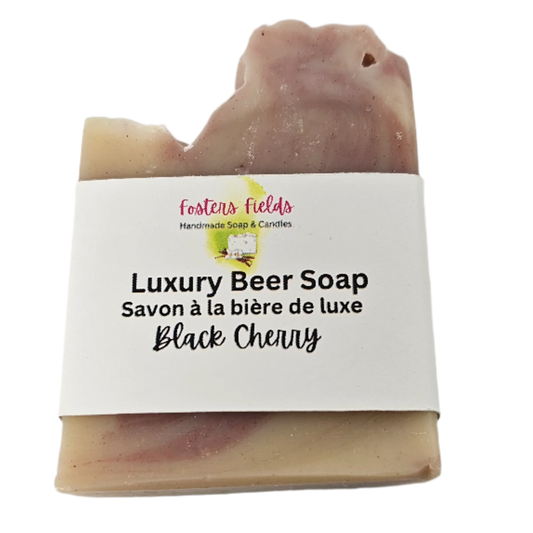 Fosters Fields handmade soap, scented in black cherry with deep red swirls. natural soap, handmade in Ontario