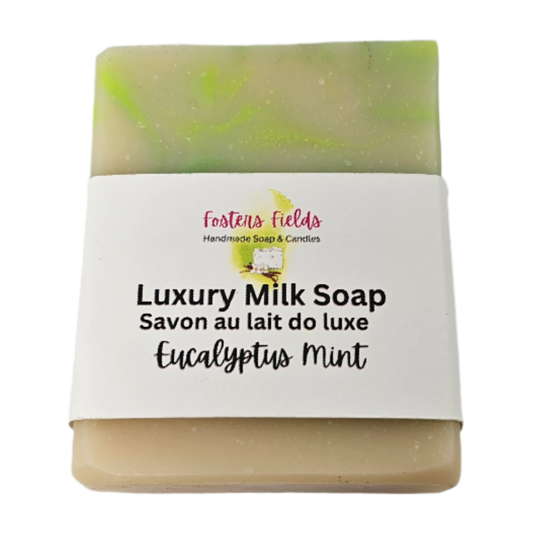 Fosters Fields handmade soap, scented with pure essential oils of eucalyptus and mint. Bright green swirls, handmade in Ontario. Coconut milk soap