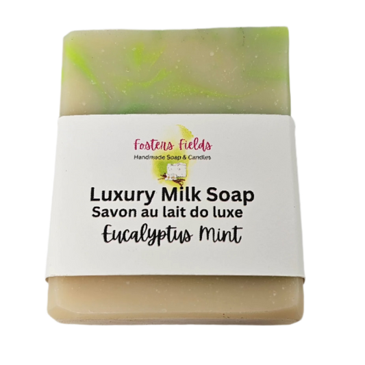 Fosters Fields handmade soap, scented with pure essential oils of eucalyptus and mint. Bright green swirls, handmade in Ontario. Coconut milk soap