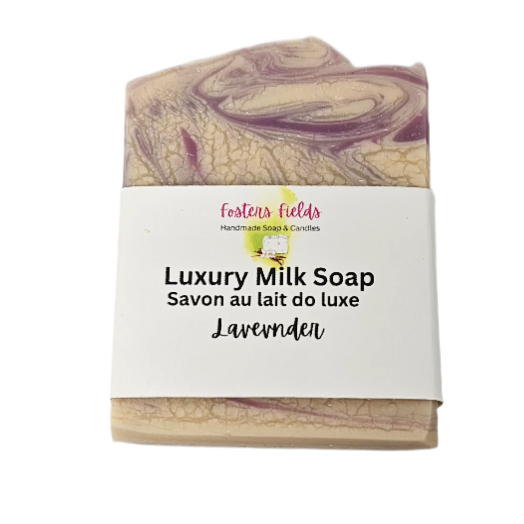 Fosters Fields Lavender soap is made with pure essential oil. Coconut milk add bubble and moisture. Beautiful purple swirls. Handmade in Ontario