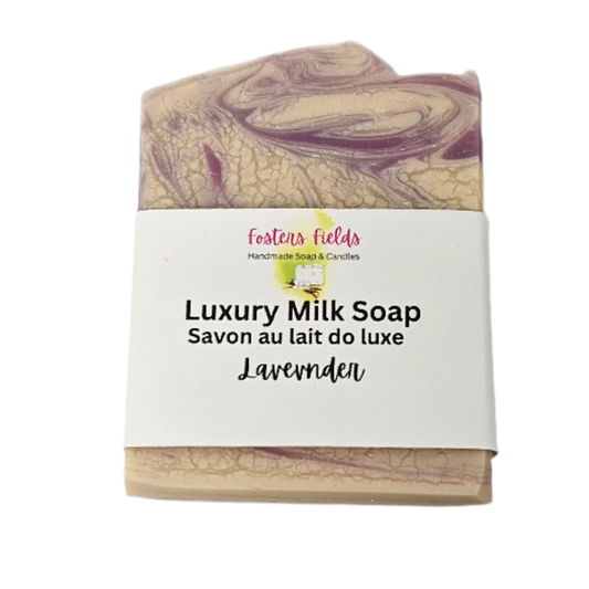 Fosters Fields Lavender soap is made with pure essential oil. Coconut milk add bubble and moisture. Beautiful purple swirls. Handmade in Ontario