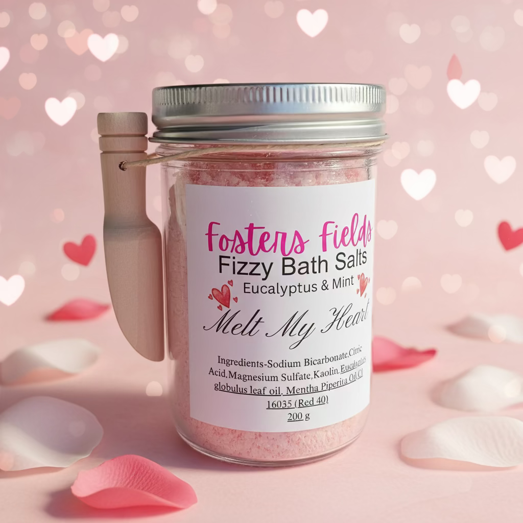 Jar of Fizzy Bath Salts by Fosters Fields, pink product, simple white label, scoop hanging on the side